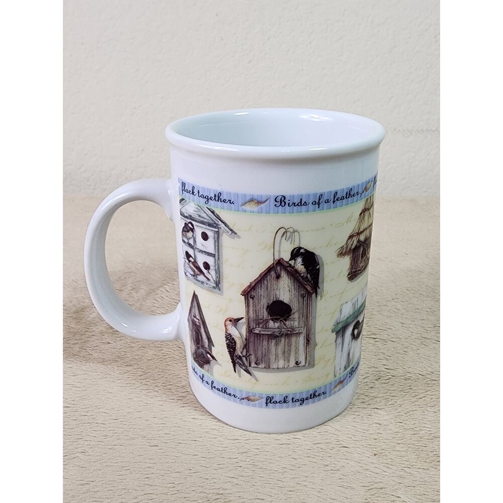 Birds Of A Feather Flock Together Coffee Mug Tea Cup 12oz Birdhouse 4 1/4" Vtg